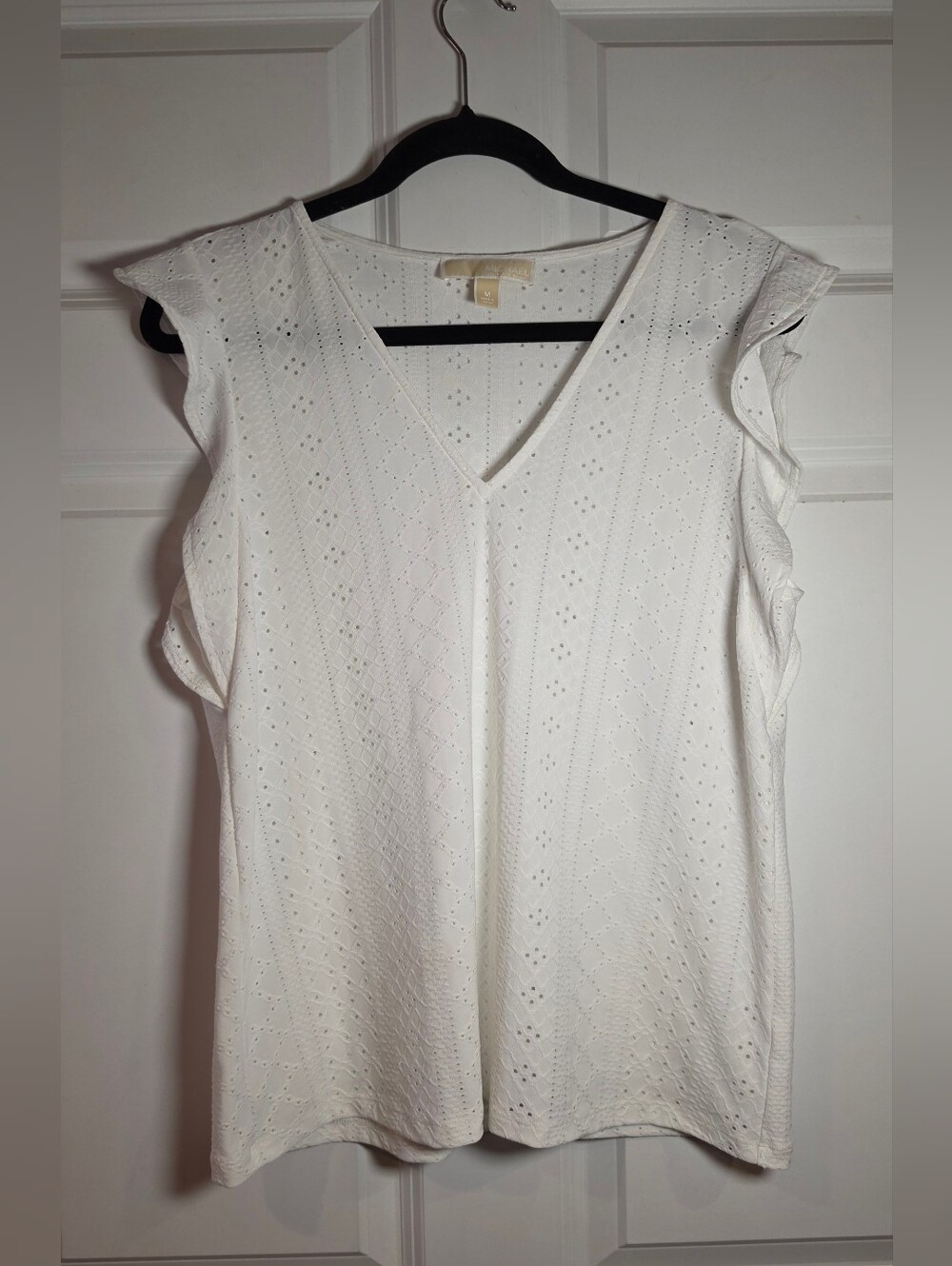 Michael Michael Kors Women’s White Eyelet V-Neck Ruffle Sleeve Top M